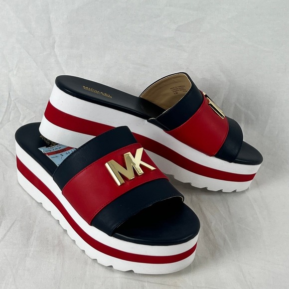 Michael Kors Shoes - Michael Kors Logo Platform Wedge Slides Sandals Red Navy White Women 6.5 Leather